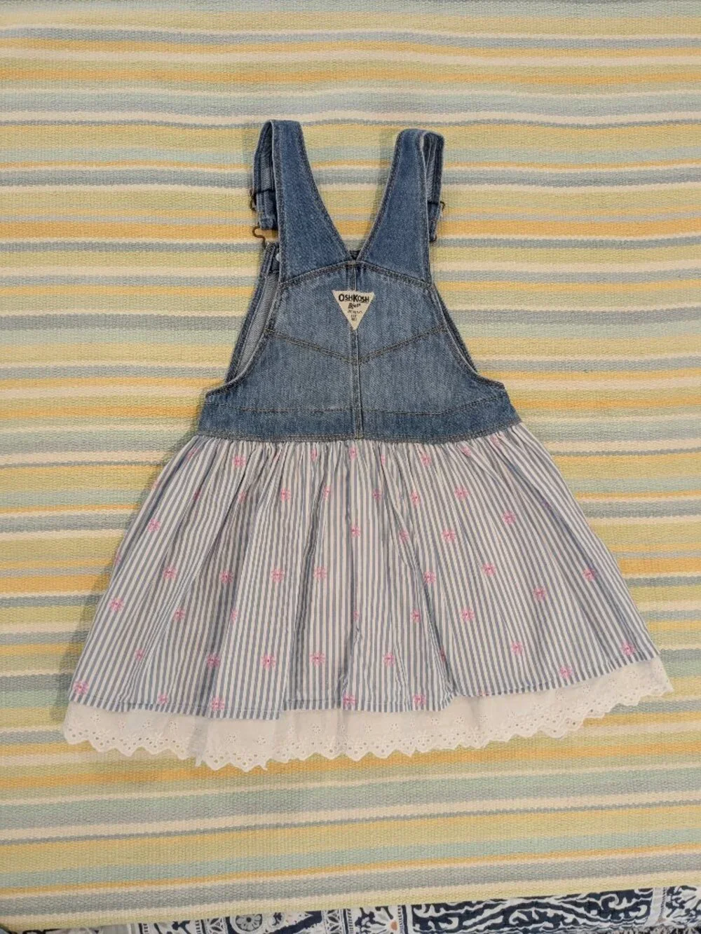 ⭐ Oshkosh Bgosh Denim Jean And Striped Floral Cotton Dress With Scalloped Eyelet